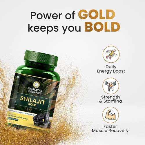 Vlado's Himalayan Organics: Pure Shilajit 24 carat Gold with Ashwagandha, Safed musli, Kaunch beej , Gokshura Swarna & Rajat Bhasma +10 more Ayurvedic herbs - -Boost Stamina, Strenght, Energy Power, Build Muscle Mass - 60 Veg Capsules