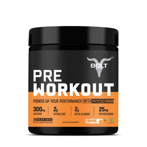 Bolt Nutrition: Pre Workout Supplement With Caffeine, Citrulline Malate, B-Alanine, Taurine | For Explosive Energy, Pump & Focus |Tangy Orange