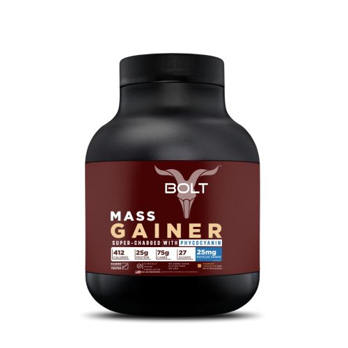 Bolt Nutrition: Mass Gainer | Weight Gainer | Supercharge with Phycocyanin | 25g Protein, 75g Carbs & 412 Calories For Muscle Gainer & Weight Gain Objectives | 2LB/907g (9 Servings) | Piedmont Chocolate