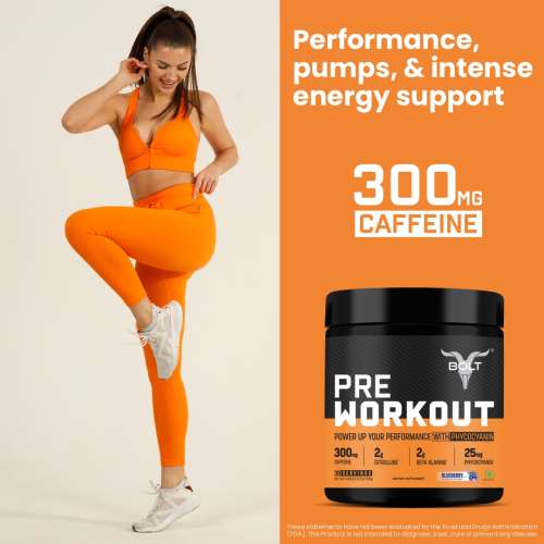 Bolt Nutrition: Pre Workout Supplement With Caffeine, Citrulline Malate, B-Alanine, Taurine | For Explosive Energy, Pump & Focus |Blueberry Blast