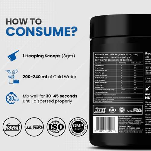Bolt Nutrition: Micronised Creatine Monohydrate 3000 | Boosts Athletic Performance |100 gm , 33 serving | Unflavored
