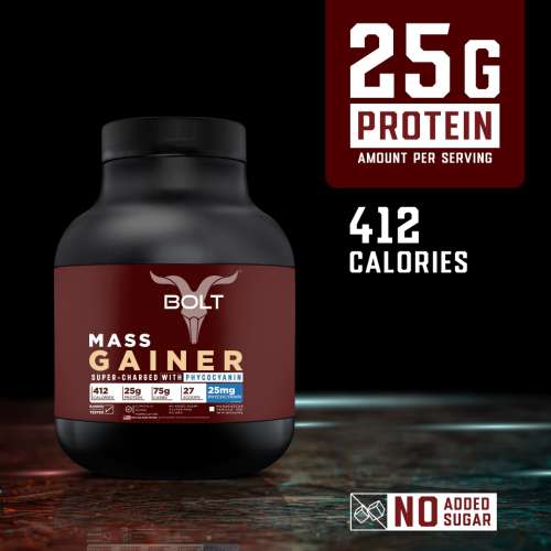 Bolt Nutrition: Mass Gainer | Weight Gainer | Supercharge with Phycocyanin | 25g Protein, 75g Carbs & 412 Calories For Muscle Gainer & Weight Gain Objectives | 2LB/907g (9 Servings) | Madagascar Vanilla