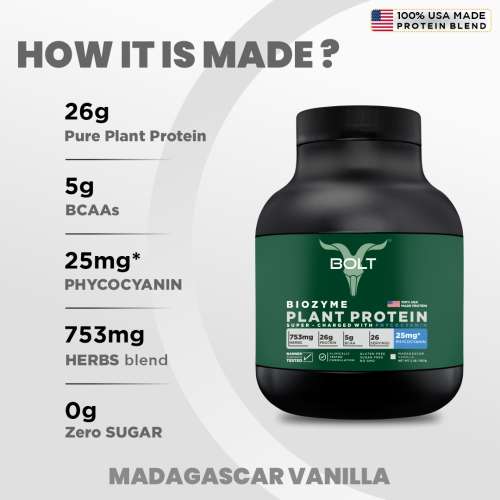 Bolt Nutrition: Biozyme Plant Protein |Complete Amino Acid Profile for muscle Support and Recovery | 2Lb/32oz, 26 Servings | Madagascar Vanilla