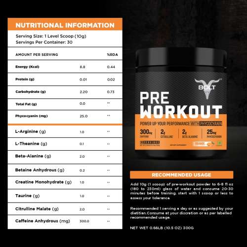 Bolt Nutrition: Pre Workout Supplement With Caffeine, Citrulline Malate, B-Alanine, Taurine | For Explosive Energy, Pump & Focus |Tangy Orange