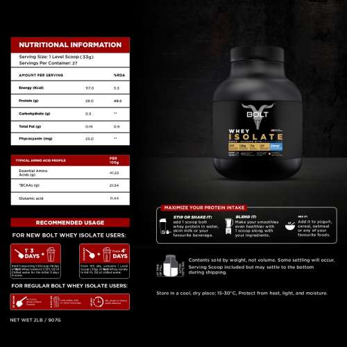 Bolt Nutrition: Nutrition 100% Whey Isolate Protein Powder | With Superfood PHYCOCYANIN |2LB/907gm (27 Servings) | Piedmont Chocolate