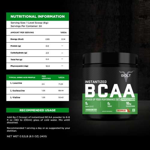 Bolt Nutrition: Nutrition BCAA 2:1:1 - 5g Vegan BCAAs, Pre/Intra/Post Workout - 240g, 30 Servings,Watermelon Fizz