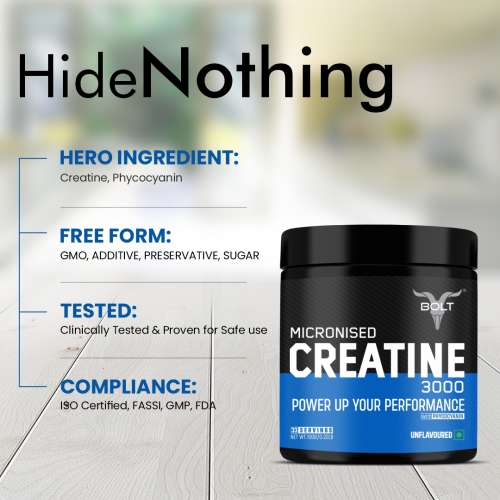 Bolt Nutrition: Micronised Creatine Monohydrate 3000 | Boosts Athletic Performance |100 gm , 33 serving | Unflavored
