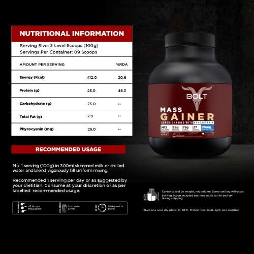 Bolt Nutrition: Mass Gainer | Weight Gainer | Supercharge with Phycocyanin | 25g Protein, 75g Carbs & 412 Calories For Muscle Gainer & Weight Gain Objectives | 2LB/907g (9 Servings) | Madagascar Vanilla