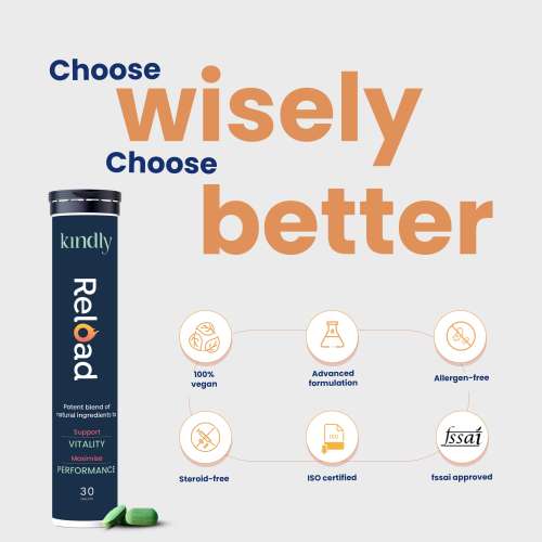 Kindly Health: Ashwagandha Reload | Stamina Booster For Men Ayurvedic Ingredients 100% Natural | B12 Ginkgo Biloba and Muira Puama | Extra Strength and Energy | 30 Tablets, Pack of 1