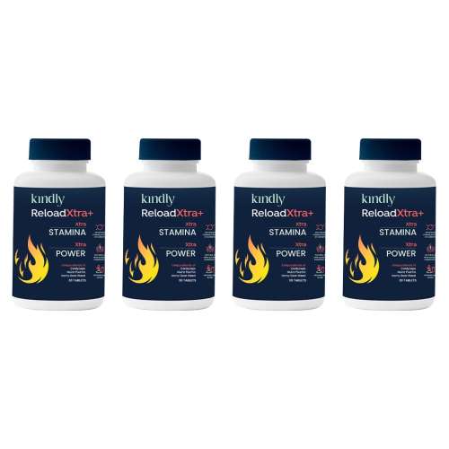 Kindly Health: ReloadXtra+ Horny Goat Weed | Stamina Booster For Men Ayurvedic Ingredients 100% Vegan | Vitamin B12 and Muira Puama | Extra Strength and Energy | 120 Tablets, Pack of 4