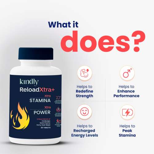 Kindly Health: ReloadXtra+ Horny Goat Weed | Stamina Booster For Men Ayurvedic Ingredients 100% Vegan | Vitamin B12 and Muira Puama | Extra Strength and Energy | 120 Tablets, Pack of 4