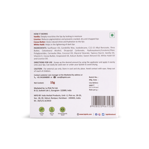 La Pink: Vanilla Lip Care with White Haldi for Shiny & Hydrated Lips | 100% Microplastic Free Formulation | Suitable for All Skin Types | 15 gms