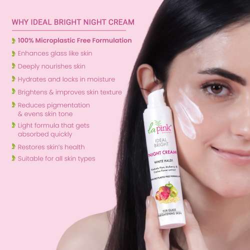 La Pink: Ideal Bright Night Cream | 100% Microplastic Free Formula | For Glass like Brightened skin, Evens Skin Tone , All Skin Types | 50g