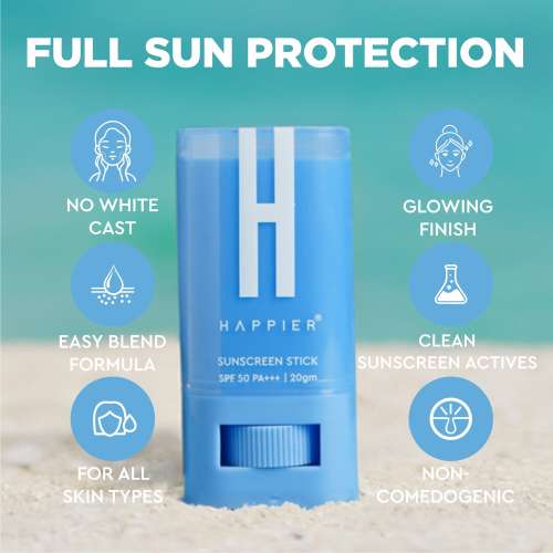 Happier: Sunscreen Stick SPF 50+ PA+++ - Sun Protection Stick for All-Day Against Harmful UVA/UVB Rays - 20gm