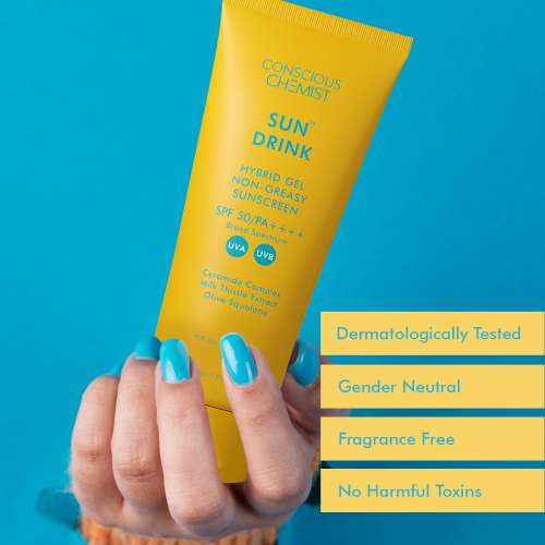 Conscious Chemist: Sun Drink Hybrid Gel Sunscreen with High UVA & UVB Protection, For Lightweight Dewy Finish, Ceramide & Antioxidant Blend With Spf50 Pa++++ (50g)