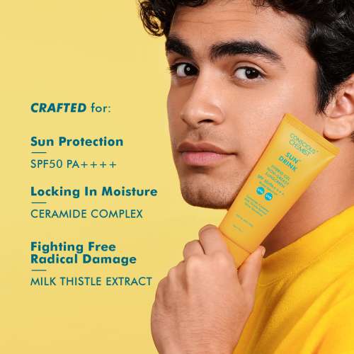 Conscious Chemist: Sun Drink Hybrid Gel Sunscreen with High UVA & UVB Protection, For Lightweight Dewy Finish, Ceramide & Antioxidant Blend With Spf50 Pa++++ (50g)