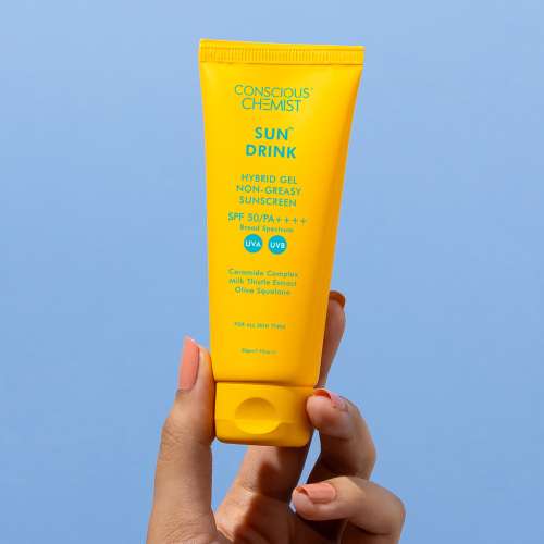 Conscious Chemist: Sun Drink Hybrid Gel Sunscreen with High UVA & UVB Protection, For Lightweight Dewy Finish, Ceramide & Antioxidant Blend With Spf50 Pa++++ (50g)