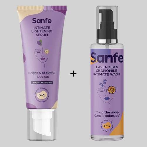 Sanfe: Combo of Natural Intimate Wash, 3 in 1 - No Odour, No Itching, No Irritation - Lavender & Chamomile - 100ml & Intimate Lightening Serum for Women with Dry Skin - 100ml