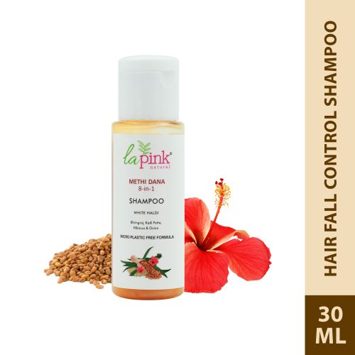 La Pink: Methi Dana 8-in-1 Hair Fall Control Onion & Hibiscus Shampoo | 30ml La Pink: Methi Dana 8-in-1 Hair Fall Control Onion & Hibiscus Shampoo | 30ml