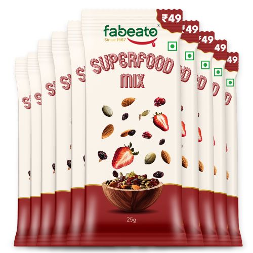 Fabeato: Munch on the Go Snack Premium Superfood Mix,Nuts, Dry Fruits, Seeds and Berries, Rich in Dietary Fiber, Rich in Protein - (25g x 10) Fabeato: Munch on the Go Snack Premium Superfood Mix,Nuts, Dry Fruits, Seeds and Berries, Rich in Dietary Fiber, Rich in Protein - (25g x 10)
