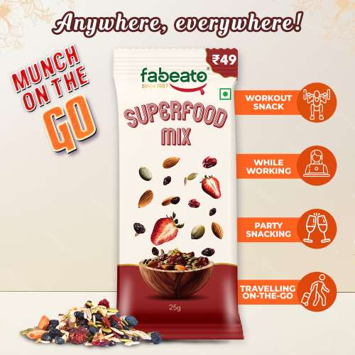 Fabeato: Munch on the Go Snack Premium Superfood Mix,Nuts, Dry Fruits, Seeds and Berries, Rich in Dietary Fiber, Rich in Protein - (25g x 10) Fabeato: Munch on the Go Snack Premium Superfood Mix,Nuts, Dry Fruits, Seeds and Berries, Rich in Dietary Fiber, Rich in Protein - (25g x 10)