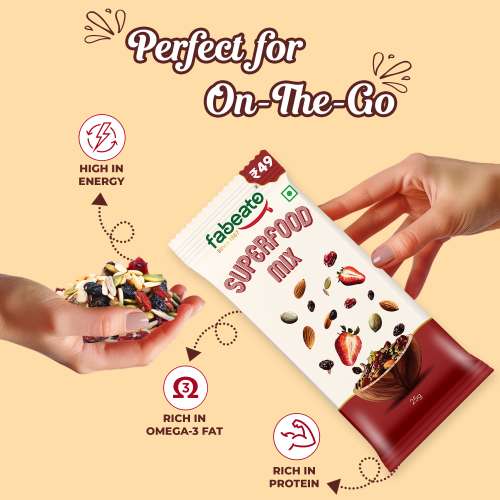 Fabeato: Munch on the Go Snack Premium Superfood Mix,Nuts, Dry Fruits, Seeds and Berries, Rich in Dietary Fiber, Rich in Protein - (25g x 10) Fabeato: Munch on the Go Snack Premium Superfood Mix,Nuts, Dry Fruits, Seeds and Berries, Rich in Dietary Fiber, Rich in Protein - (25g x 10)