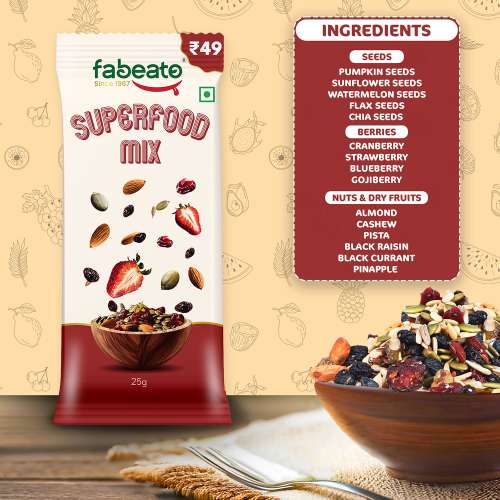 Fabeato: Munch on the Go Snack Premium Superfood Mix,Nuts, Dry Fruits, Seeds and Berries, Rich in Dietary Fiber, Rich in Protein - (25g x 10) Fabeato: Munch on the Go Snack Premium Superfood Mix,Nuts, Dry Fruits, Seeds and Berries, Rich in Dietary Fiber, Rich in Protein - (25g x 10)