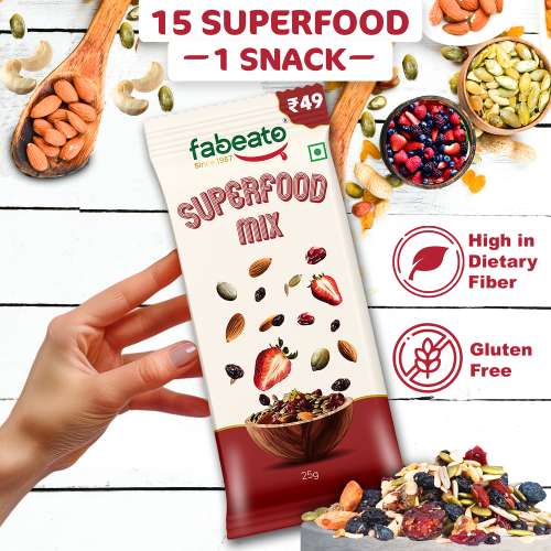 Fabeato: Munch on the Go Snack Premium Superfood Mix,Nuts, Dry Fruits, Seeds and Berries, Rich in Dietary Fiber, Rich in Protein - (25g x 10) Fabeato: Munch on the Go Snack Premium Superfood Mix,Nuts, Dry Fruits, Seeds and Berries, Rich in Dietary Fiber, Rich in Protein - (25g x 10)