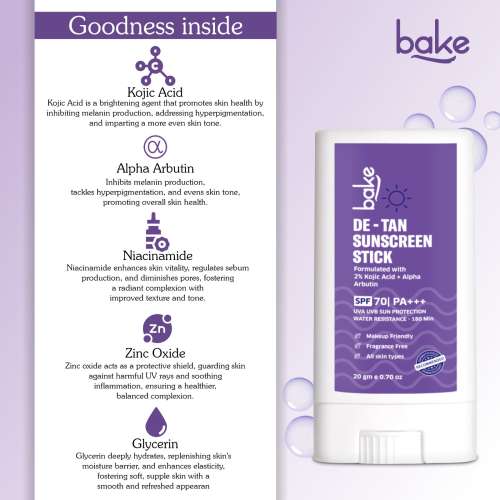 Bake Cosmetics: SPF 70 De-Tan Sunscreen Stick PA+++ with Kojic Acid & Alpha Arbutin  For Dark Spots & Pigmentation, Water-Resistant 20gm