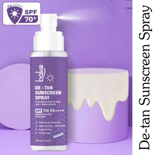 Bake Cosmetics: Detan Sunscreen Spray SPF 70 PA++++ for  Pigmentation, UVA/B Protection, Waterproof, Sweat-Resistant  100ml
