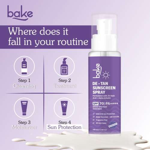 Bake Cosmetics: Detan Sunscreen Spray SPF 70 PA++++ for  Pigmentation, UVA/B Protection, Waterproof, Sweat-Resistant  100ml