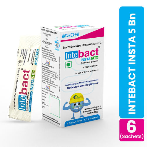 Dr. Morepen: INTEBACT INSTA 5BN CFU | Probiotics Supplement for Gut Health, Vanilla flavour - 6 Sachets Pack of 2