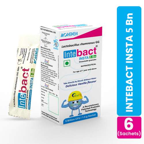 Dr. Morepen: INTEBACT INSTA 5BN CFU | Probiotics Supplement for Gut Health, Vanilla flavour - 6 Sachets