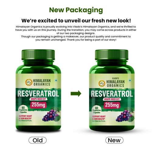 Vlado's Himalayan Organics: Resveratrol 255mg with Grape Seed Extract Supplement | Support Heart And Skin Health | Powerful Anti-oxidant for Anti-Ageing - 60 Veg Capsules
