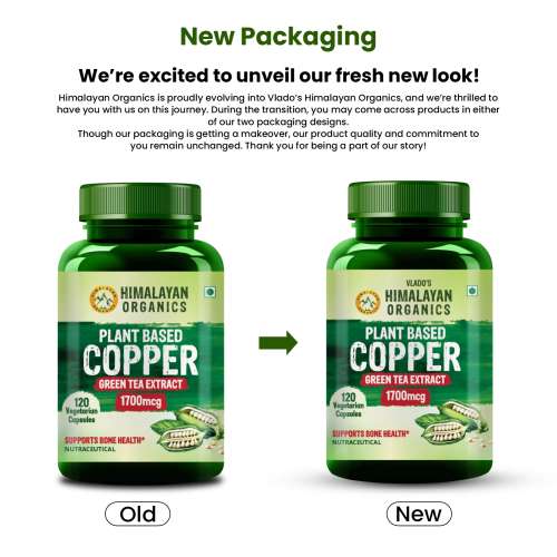 Vlado's Himalayan Organics: Plant Based Copper 1700mcg with Green Tea Extract | Support Connective Tissues | Good For Bone Health - 120 Veg Capsules