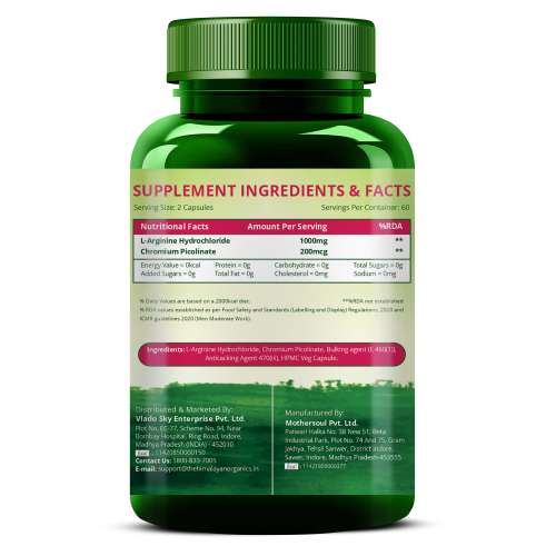 Vlado's Himalayan Organics: L-Arginine 1000 mg With Chromium Picolinate Supplement | Improve Muscle Growth Boost Energy And Stamina | Good For Men And Women - 120 Veg Caps
