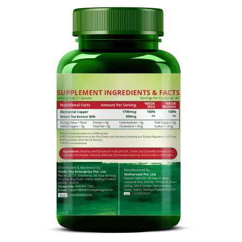 Vlado's Himalayan Organics: Plant Based Copper 1700mcg with Green Tea Extract | Support Connective Tissues | Good For Bone Health - 120 Veg Capsules