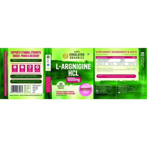 Vlado's Himalayan Organics: L-Arginine 1000 mg With Chromium Picolinate Supplement | Improve Muscle Growth Boost Energy And Stamina | Good For Men And Women - 120 Veg Caps