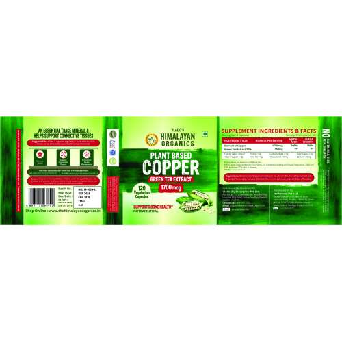 Vlado's Himalayan Organics: Plant Based Copper 1700mcg with Green Tea Extract | Support Connective Tissues | Good For Bone Health - 120 Veg Capsules
