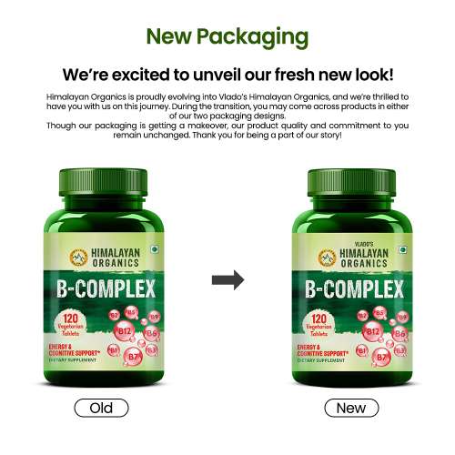 Vlado's Himalayan Organics: Vitamin B Complex with 100% RDA B1, B2, B3, B5, B6, B7, B9 & B12 | Hair Growth, Energy & Immunity | Youthful Skin - 120 Veg Tablets