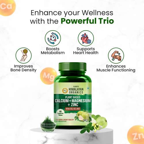 Vlado's Himalayan Organics: Plant Based Calcium Magnesium + Zinc | Vitamin D3+k2 Supplement For Stronger Bones | Boost Immunity | Healthy Heart | Muscle Growth - 60 veg Tablet