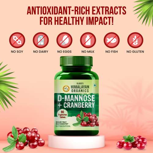 Vlado's Himalayan Organics: D-MANNOSE + CRANBERRY Antioxidant Rich Supplement for Kidney Health & Urinary Tract Infection - 90 Tablets