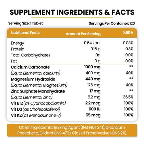 Vlado's Himalayan Organics: Calcium Magnesium Zinc Vitamin D3 & B12- 120 Vegetarian Tablets