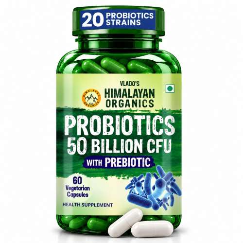 Vlado's Himalayan Organics: Probiotics Supplement 50 Billion CFU with Prebiotics 150mg for Digestion, Gut Health & Immunity - 60 Veg Capsules