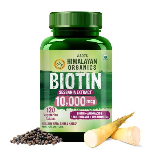 Vlado's Himalayan Organics: Biotin 10,000 mcg Supplement with Keratin, Amino Acids & Multivitamin - 120 Veg Tablets