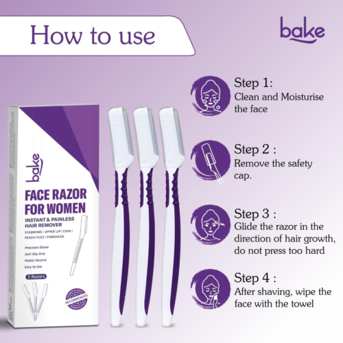 Bake Cosmetics: Reusable Face Razor for Women  Painless Hair Removal for Eyebrows, Upper Lip & Chin with Anti-Slip Grip  Instant Glow  Pack of 3