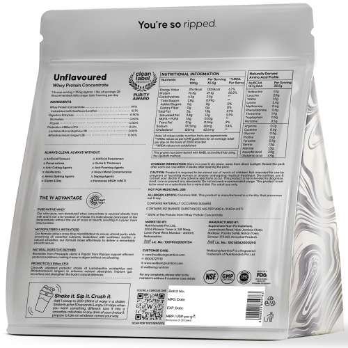 Wellbeing Nutrition: 100% Raw Whey Protein Concentrate (Unflavoured) | 27g Protein, 12.7g EAA, 6g BCAA | 4B CFU Probiotics & Natural Digestive Enzymes | No Bloating, Easy to Digest | 1kg