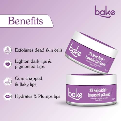 Bake Cosmetics: 2% Kojic Acid Lavender Lip Scrub for Pigmented Lips with Sugar Granules for Dry & Pink Lips
