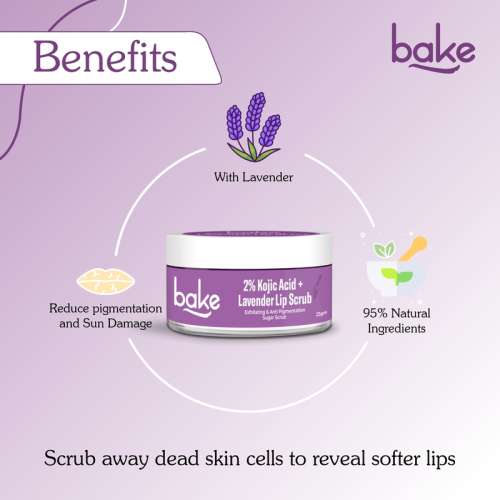 Bake Cosmetics: 2% Kojic Acid Lavender Lip Scrub for Pigmented Lips with Sugar Granules for Dry & Pink Lips