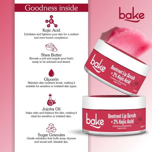 Bake Cosmetics: 2% Kojic Acid Beetroot Lip Scrub for Pigmented Lips with Sugar Granules for Dry & Pink Lips